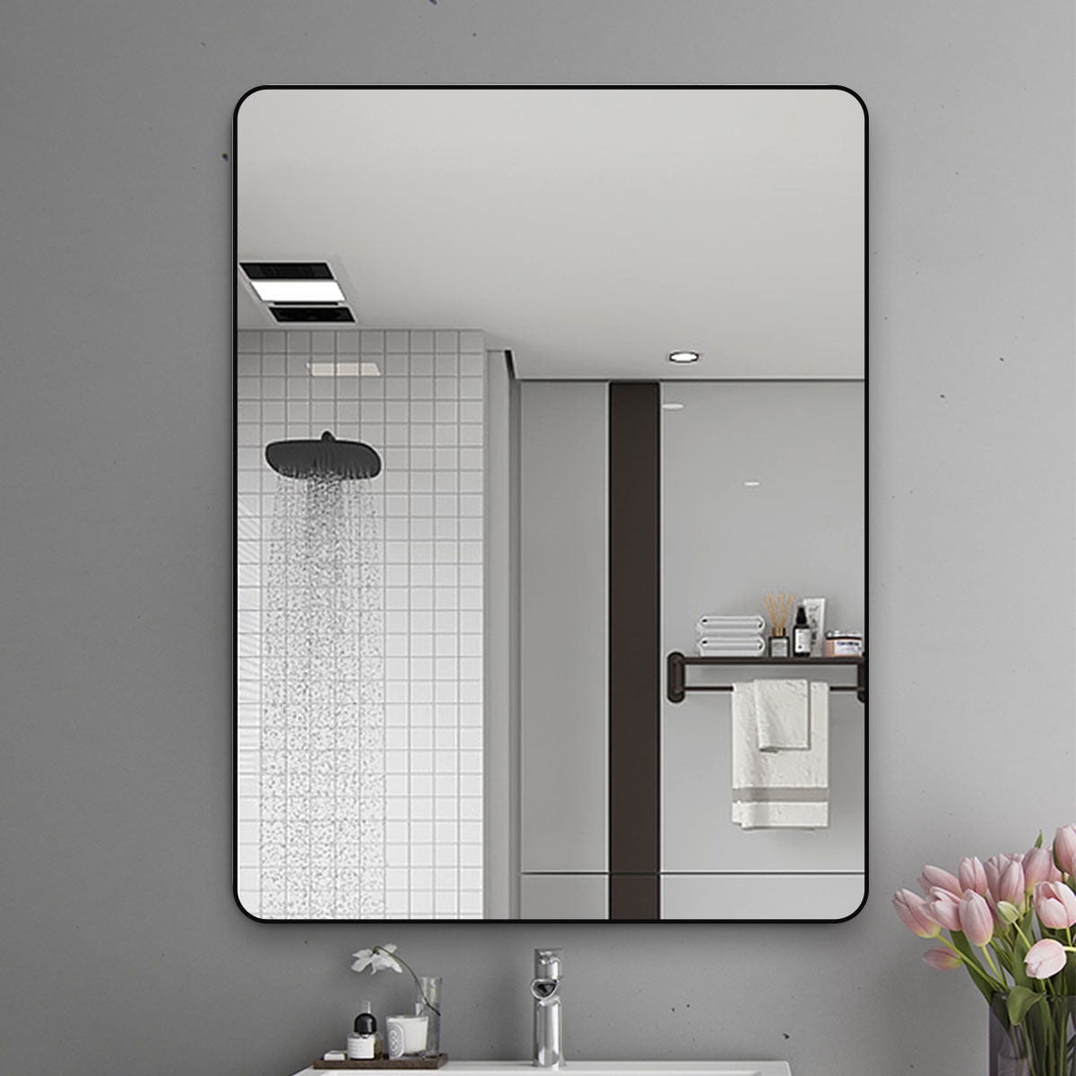 Framed Bathroom Wall Mirror with Adhesive Mount