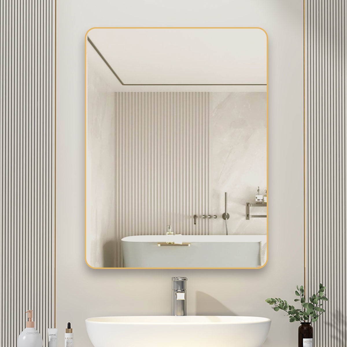 Framed Bathroom Wall Mirror with Adhesive Mount